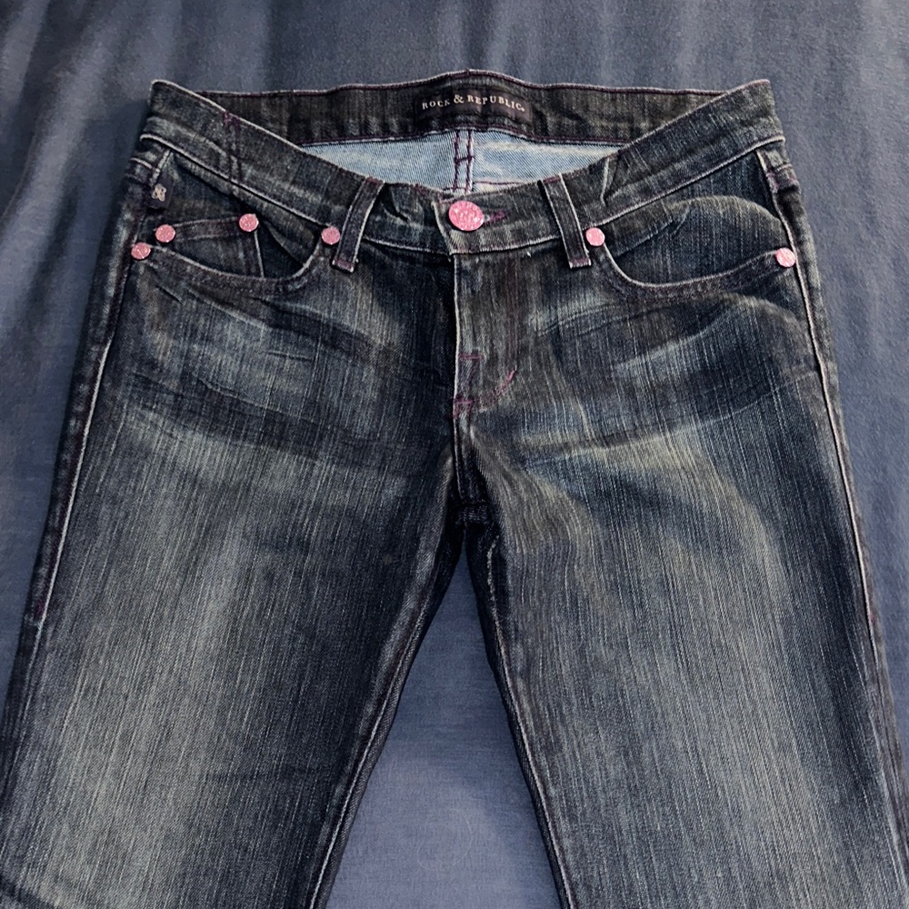 Rock & Republic Women's Dark Wash Jeans with Flare Bottom and Pink Accents